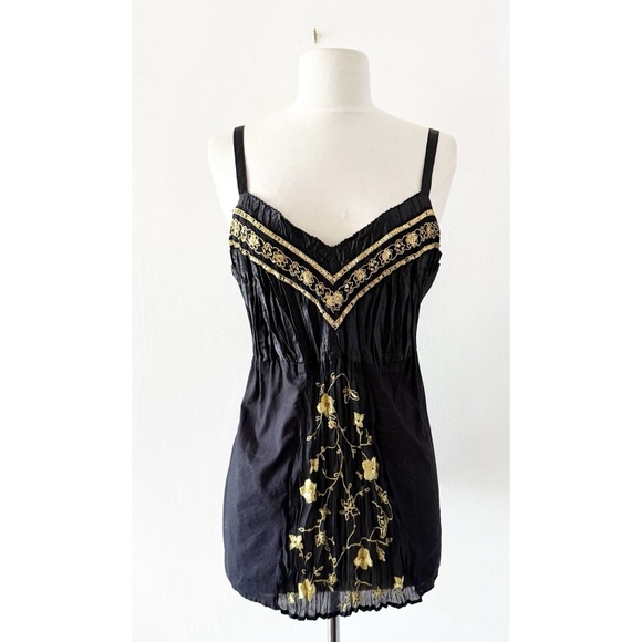 Venezia Tops - Vintage Y2K Venezia Black and Gold Sequins Satin Floral Babydoll Tank Size 16